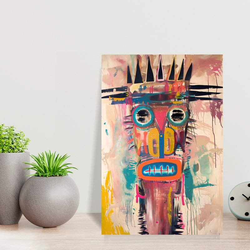 Visage graffiti coloré abstrait, art mural contemporain, H 18 po x l 12 po