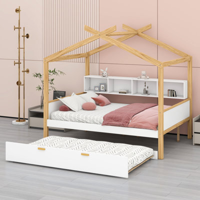 Wooden House Bed With Trundle And Bookshelf Storage Space