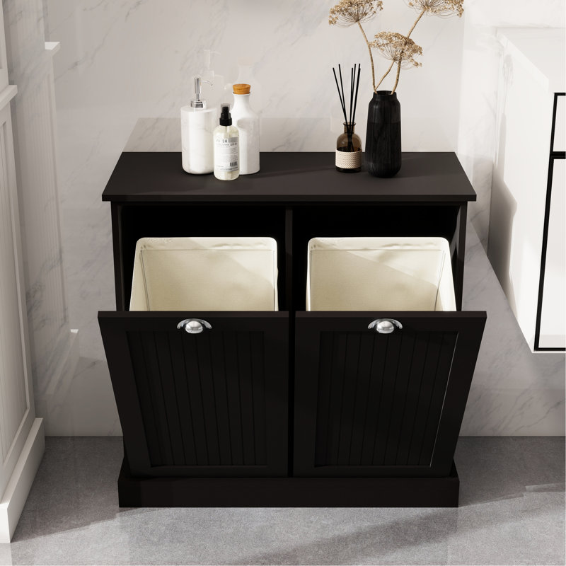 Black Laundry Sorter Cabinet, E1 Construction, Painting, Removable Bags, 100-Pound Load, Assembly And Electric Screwdriver Cabinet With 2 Compartments - , Detailed Painting