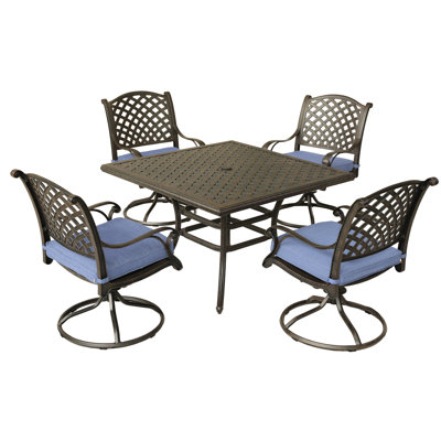 Table carrée de 43,19 po de long en aluminium avec coussins bleu marine pour 4 - Élégant mobilier d'extérieur pour l'extérieur, jardin, piscine