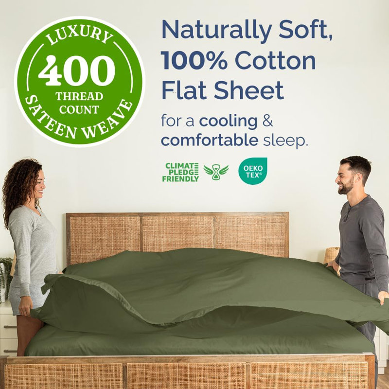 400 Thread Count Cotton Flat Sheet – Cooling, Breathable & Soft Top Sheet, Full, Sage Green