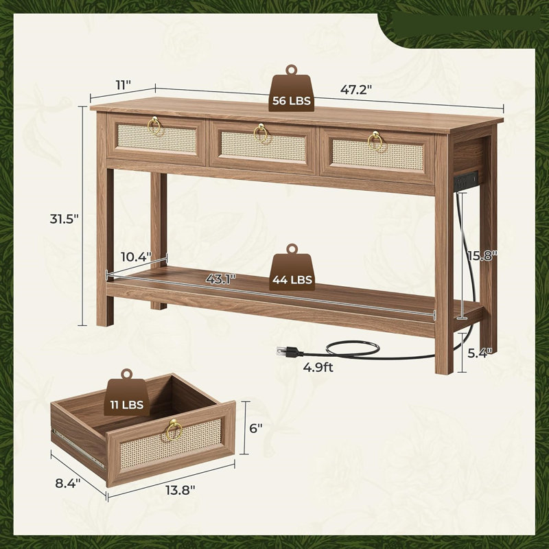 Rattan Console Sofa Table With Outlets And USB-C Port, 3 Drawer Entryway Table With Synthetic Rattan Surface, Open Shelf, Behind Couch Entry Foyer Hallway Storage, Brown