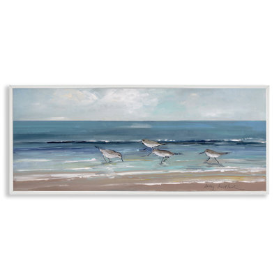 Sandpipers Birds Cloudy Sky Beach Shore by Sally Swatland - Painting