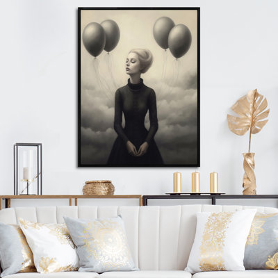 Portrait surréel monochrome avec ballons sur toile