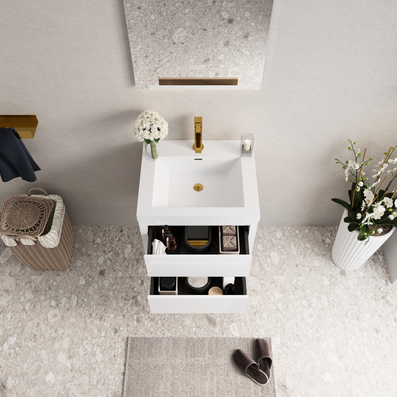 Meuble-lavabo de 24 po avec lavabo, blanc brillant. Pré-assemblé pour faciliter l'installation. Rangement en U Utilisation efficace. Tiroirs à fermeture en douceur, fonctionnement silencieux. Comptoir en résine de pierre. - Bois