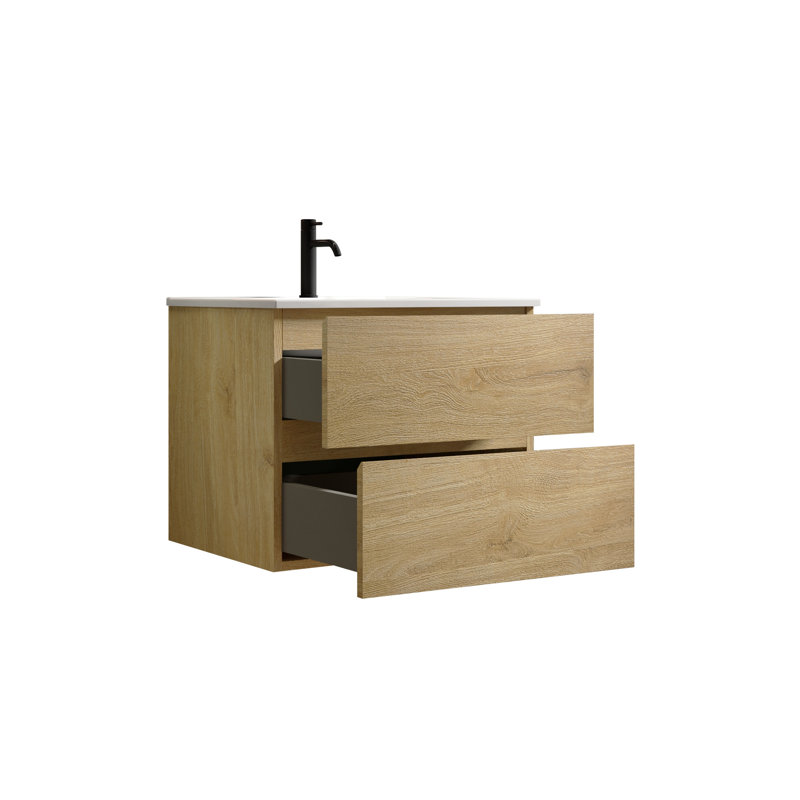 Unité de salle de bain murale en chêne naturel - lavabo en céramique, espace de rangement abondant, intérieur spacieux de l'armoire à fermeture silencieuse