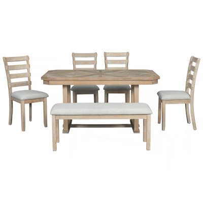 Ensemble de table de salle à manger 6 pièces en bois d'hévéa avec placage en bois massif et coussin moelleux