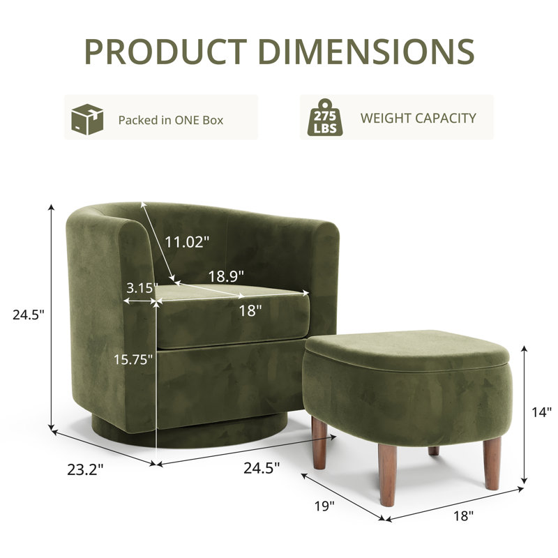 Upholstered Swivel Barrel Chair with Storage Ottoman, 24.5″ Wide Small Accent Chair, 360° Rotation, Green