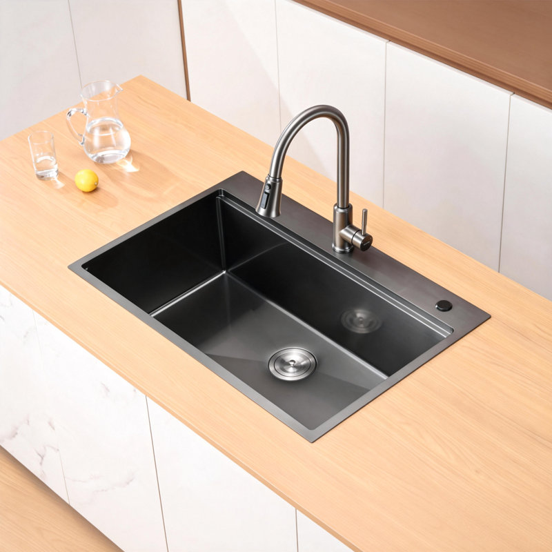 Évier de cuisine à simple cuve encastrable en acier inoxydable avec accessoires 33 po L x 22 po, Noir