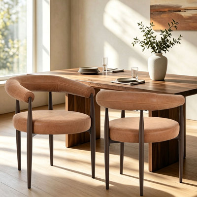 Ensemble de 2 chaises de salle à manger rembourrées en similicuir, chaises d'appoint modernes à dossier incurvé avec structure en fer robuste, assise ronde rembourrée pour salle à manger, bureau ou salon