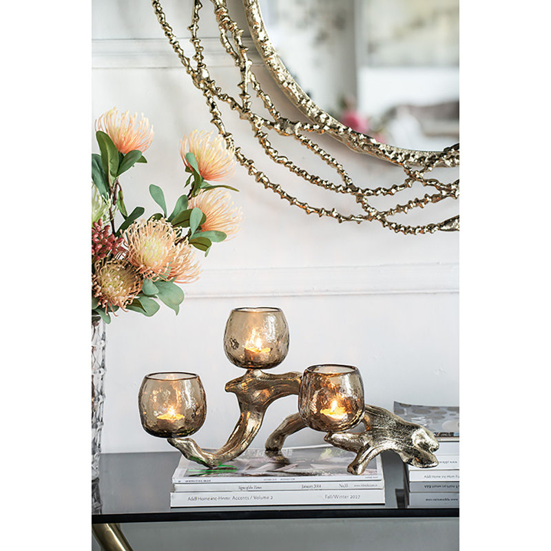 15” Gold Branch Votive Candle Holder, Nature-Inspired 3-Cup Tealight Stand for Tabletop, Mantel, or Centerpiece