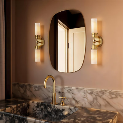 Applique murale double moderne - en métal, verre et or, ivoire blanc à 2 lumières câblées à intensité variable pour salle à manger ou salle de bain de style transitionnel, traditionnel et contemporain