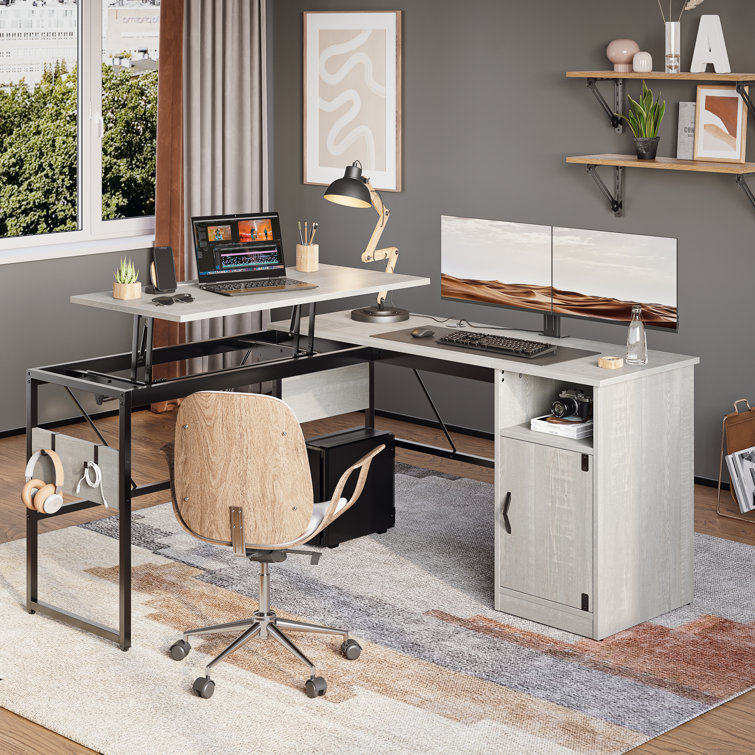 Khairi 60'' L-Shaped Lift Top Desk with Storage Cabinet, Executive Desk with Open Compartments and Adjustable shelfs