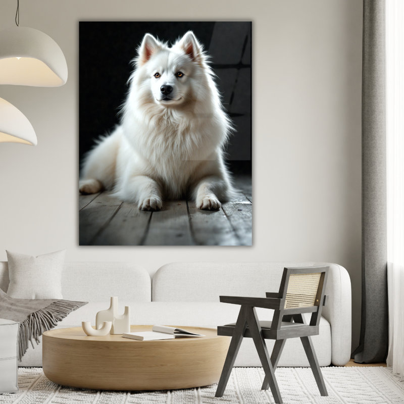Art mural en verre trempé chien blanc, 36" H x 24" W