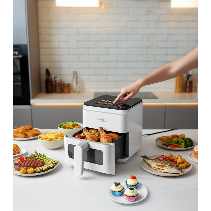 Friteuse à air Magnavox 4,2 pintes de 1200 watts avec écran couleur, écran tactile numérique et fenêtre de visualisation, blanc