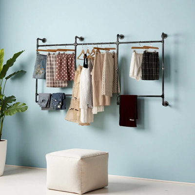 Industrial Pipe Clothing Racks With Shelves, Wall-Mounted Clothes Racks With Hanging Rods, Heavy-Duty Garment Racks, Industrial Retro Steampunk Closet Organizer Hall Tree For Home Or Retail Store