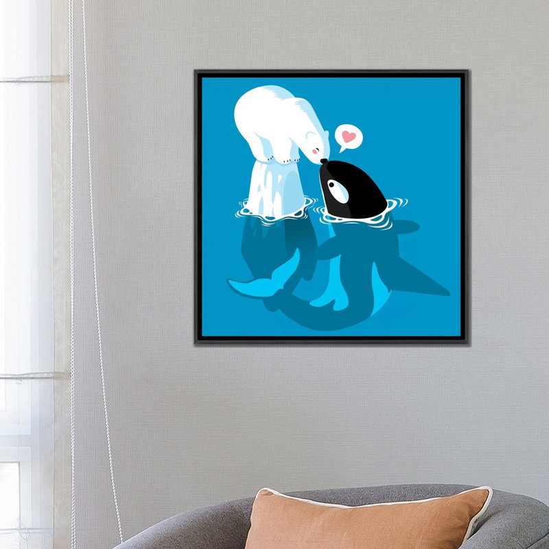 «Polar and Killer Whale» par Alberto Perez - impression d'art graphique, Toile avec cadre noir patiné, Aucun mat