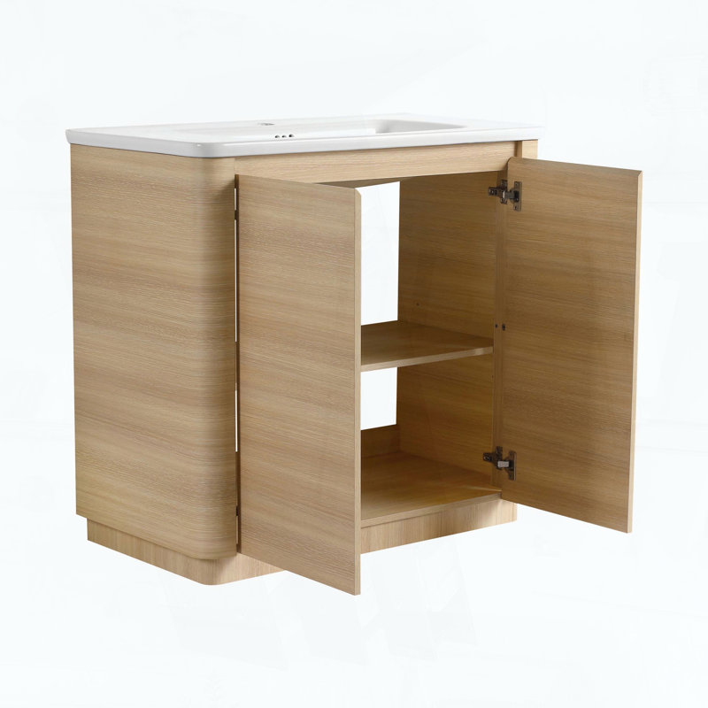 Meuble-lavabo autoportant de 36 pouces avec lavabo en céramique blanche et 2 portes à fermeture en douceur, Ameican White Oak