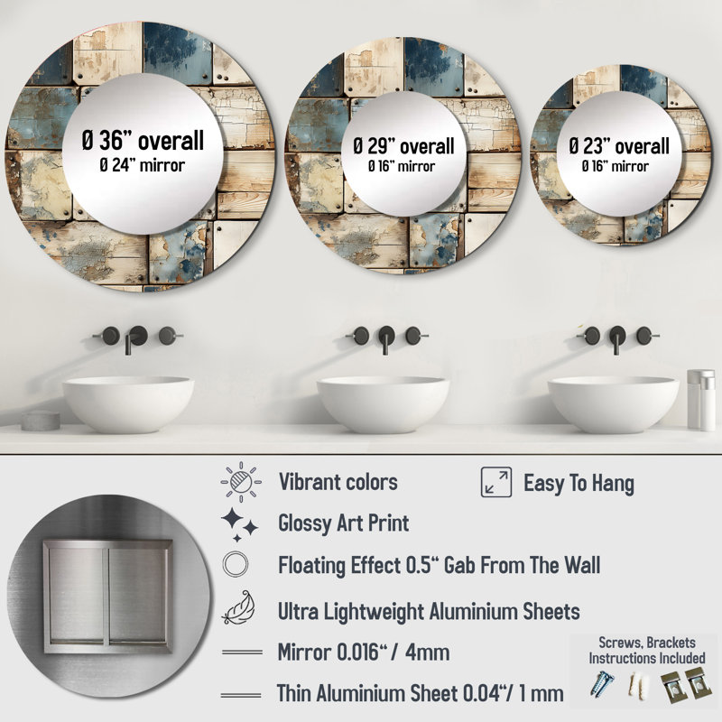 Rustic Modern Cubic Farmhous Planks - Vintage Round Mirror Wall Decor_MTMIR131310, 23" x 23"