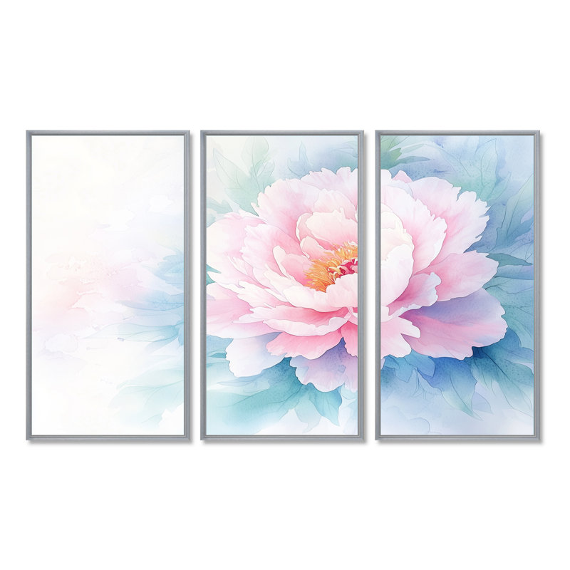 Adamantia - ensemble d'art mural pivoines, H 28 po x l 36 po, Reproduction avec cadre flottant, Argent argent