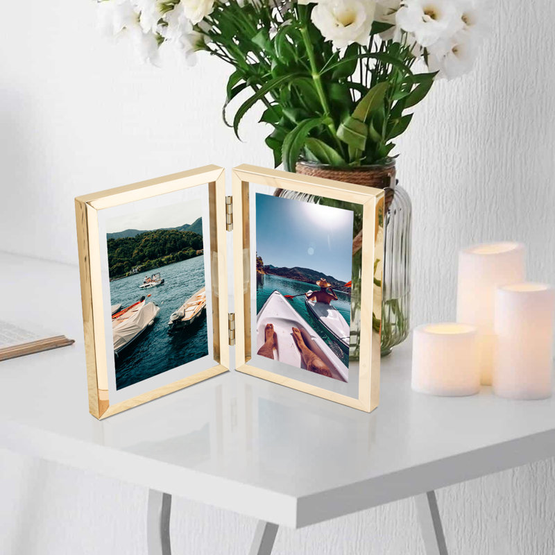 Hinged Floating Metal Frame with Real Glass, Gold, 4" x 6"