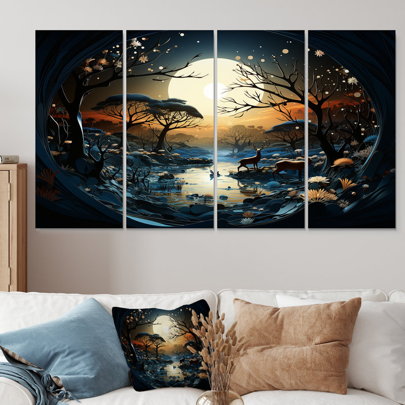 «Dreamy Moonlit Jungle I», ensemble d'art mural abstrait 4 pièces, H 32 po x l 64 po