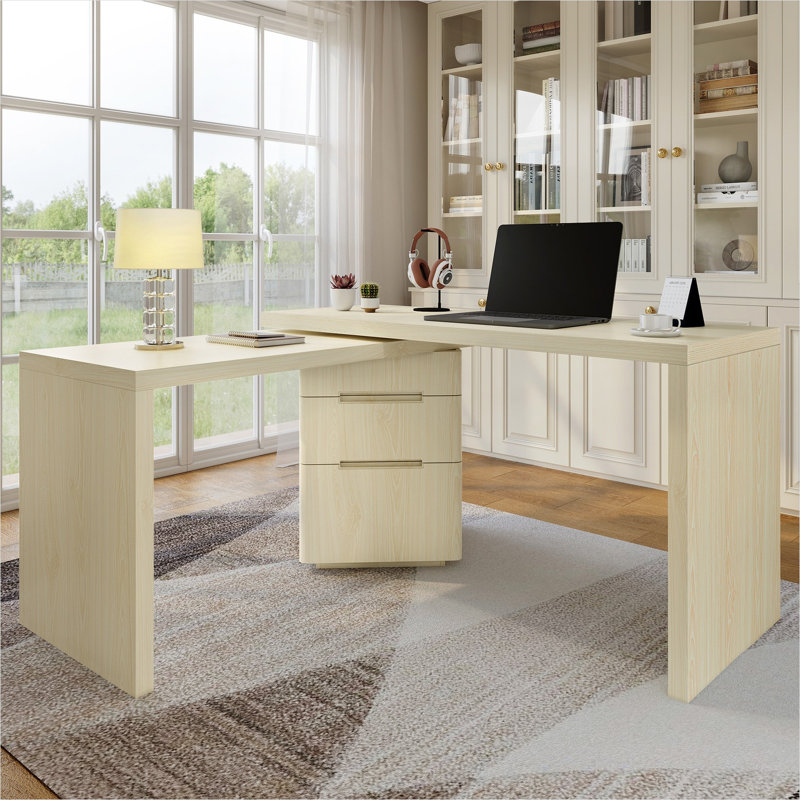 Bureau de direction en L de ton naturel avec conception pliable rotative à 360 ° et 3 tiroirs, 90