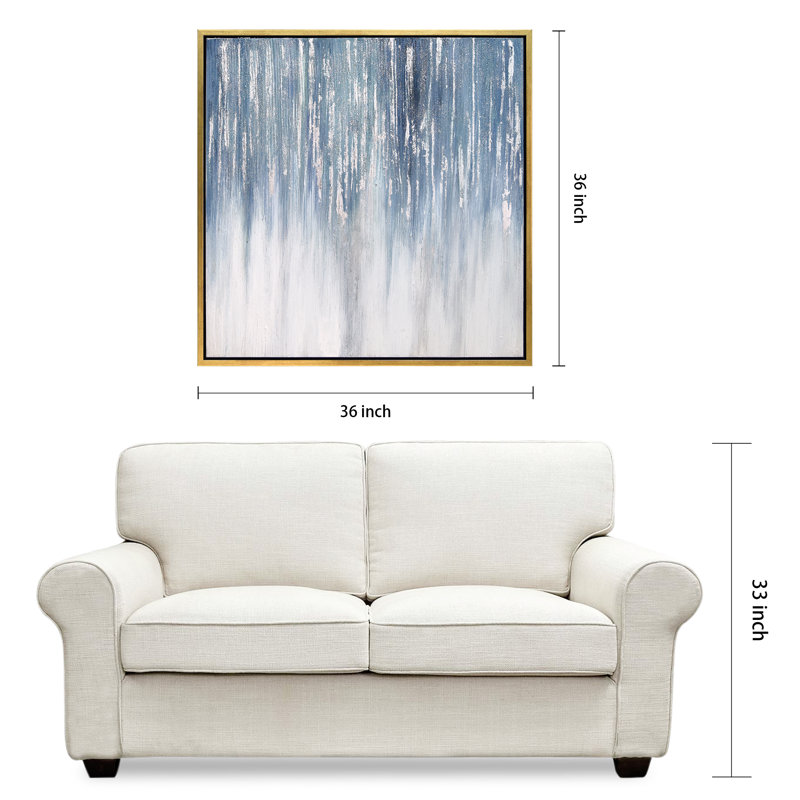 Frozen Rain Blue and Gray Abstract Canvas Art with Gold Frame
