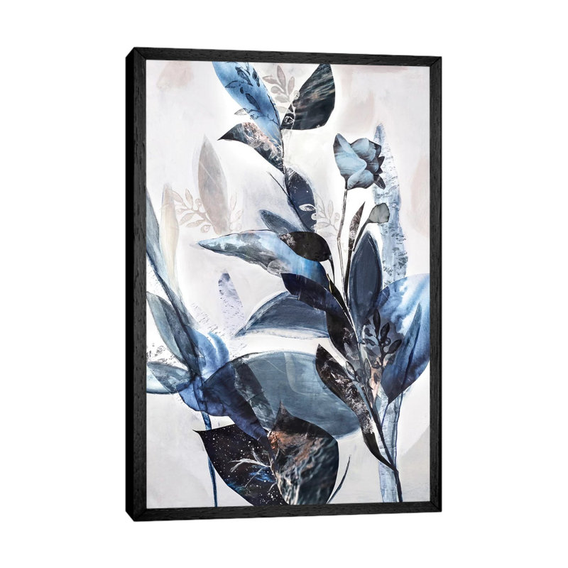 Blue Leaves - Print on Canvas, 66.04cm H x 45.72cm W x 3.81cm D, Black Framed