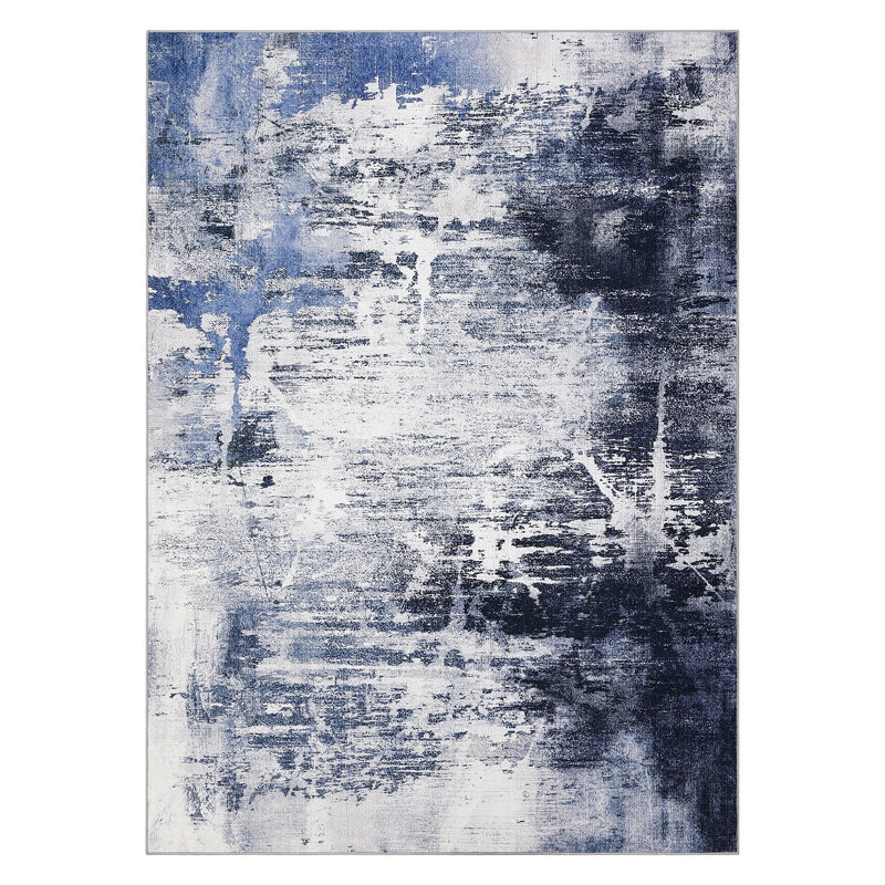 Tapis Boho à motif floral et lavable, Blue, Rectangle 120 po x 96 po