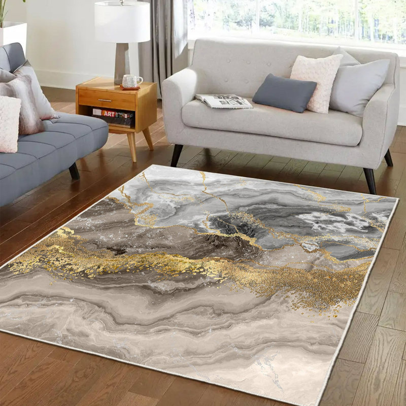 Twyla Abstract Machine Made Flatweave Velvet Area Rug in Beige/Gold, Rectangle 5'3" x 7'7"