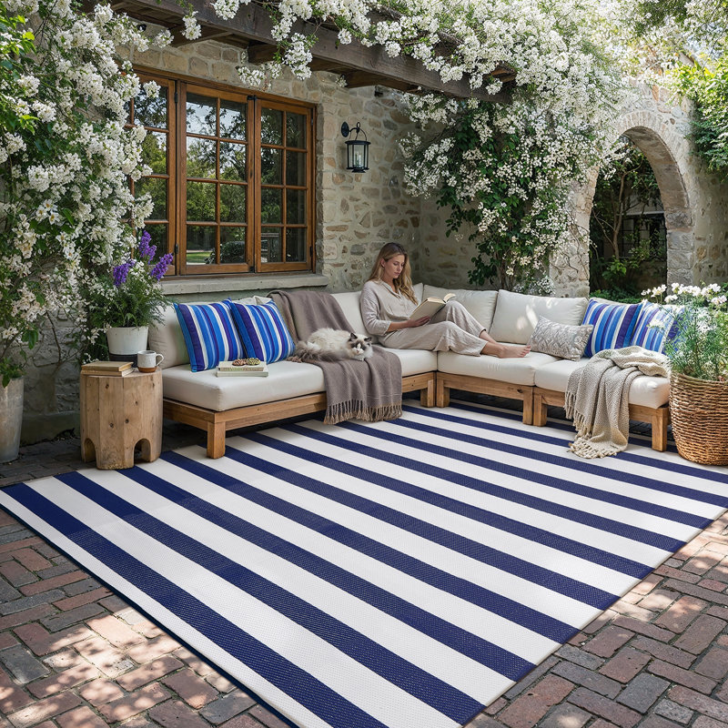 Classic Blue & White Striped Outdoor Area Rug, Rectangle 8' x 10'