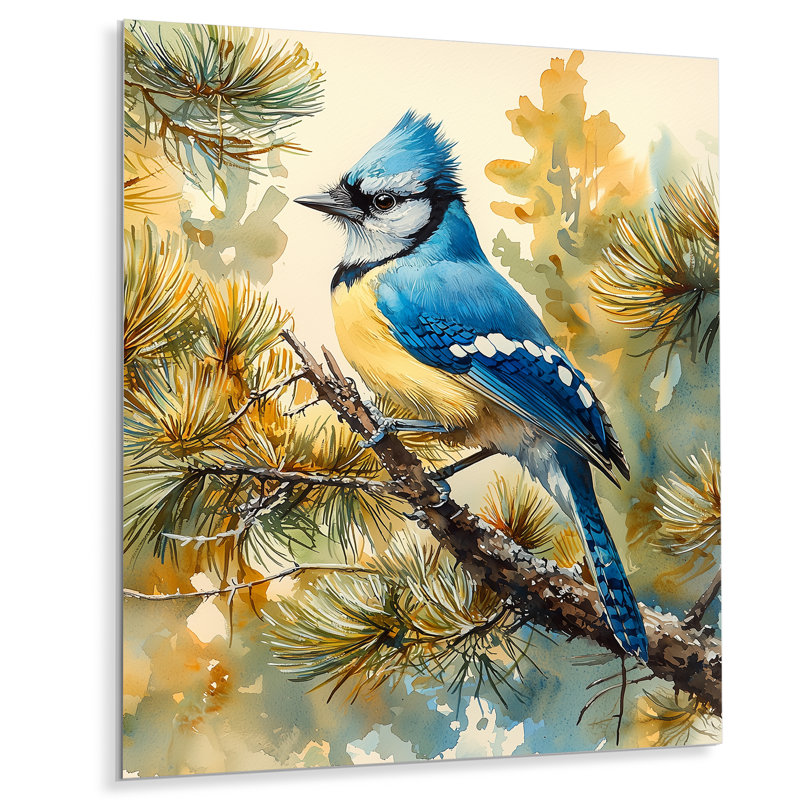 Geai bleu parmi les pins - Art en métal oiseau, H 20 po x l 12 po