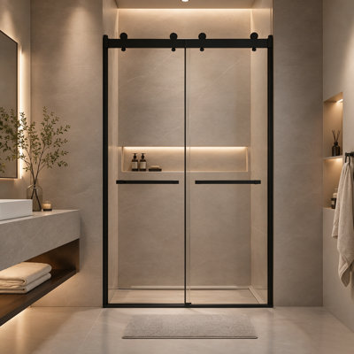 Porte de douche coulissante double en verre trempé sans cadre Yingze 44-48 po x 75 po, avec fermeture amortie et largeur ajustable, noir mat