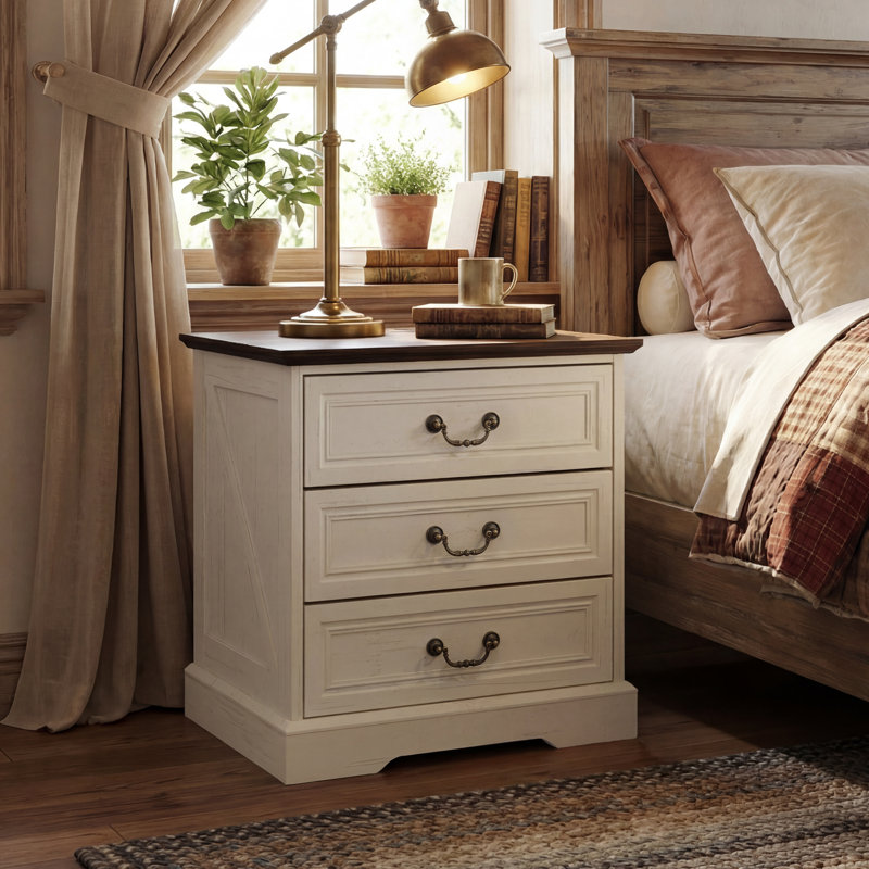 Auserine 3-Drawer Nightstand With Built-In Outlet, Beige