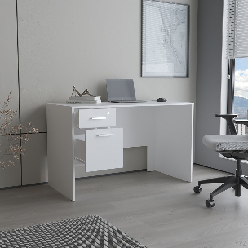 Bureau moderne avec deux tiroirs et rangement latéral, poste de travail d'ordinateur compact pour le bureau à domicile ou la salle d'étude