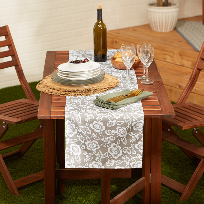 NAUTICAL BLUE FLORAL PRINT OUTDOOR TABLE RUNNER 14X72, Beige
