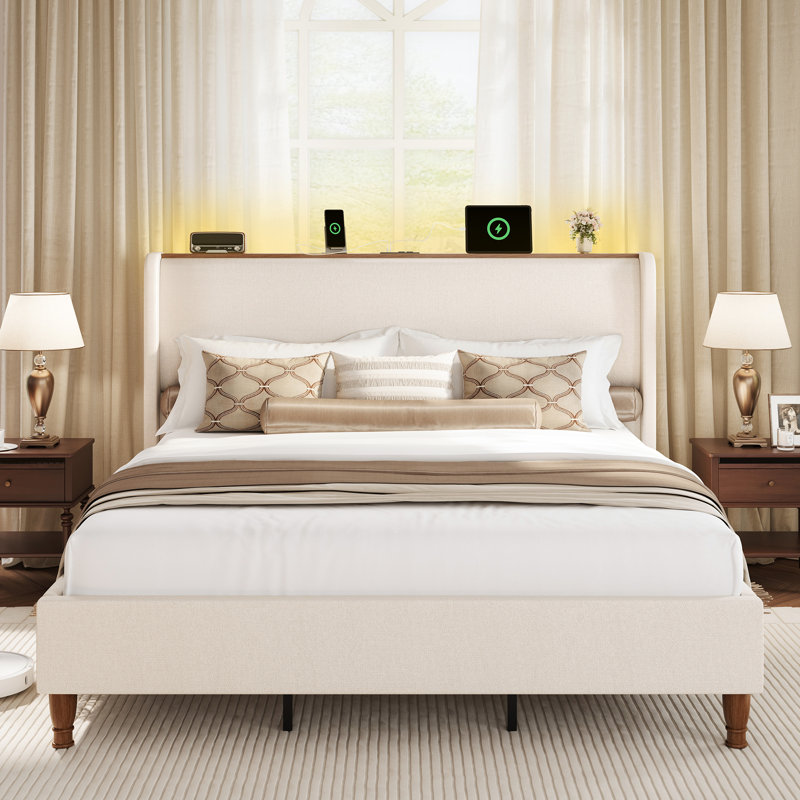 Upholstered Platform Bed With Wingback Headboard,  Bed Frame With Led Lights & Charging Station, Beige, Beige, Queen
