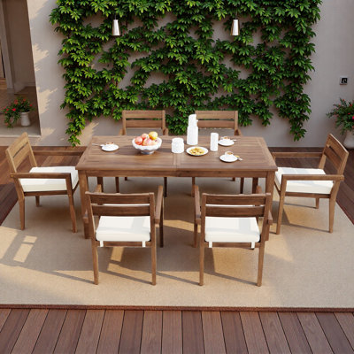 Ensemble repas 7 pièces pour l'extérieur, 1 grande table et 6 chaises empilables avec coussins et élément imperméable