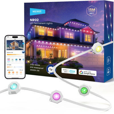  48Ft Permanent Outdoor Lights For House Decor, Smart AI RGBCW Outside Eaves String Christmas Lighting With 30 LED Lights App Control 50+ Scenes IP65 Waterproof, Compatible With Alexa, NR02