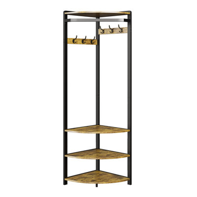 Space-Saving Semi-Circular Corner Coat Rack Hall Tree – 6 Double Hooks, Shoe Bench, 4 Storage Shelves – Freestanding Entryway Organizer for Hallway, Bedroom, Cloakroom – Rustic Brown & Black