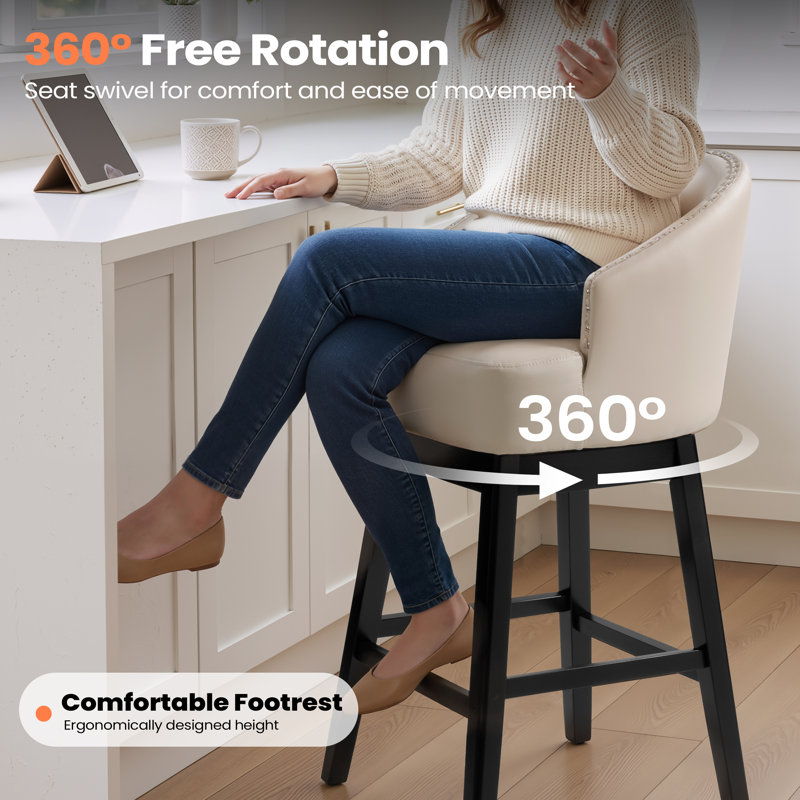 30" Swivel Faux Leather Upholstered Bar Stool with Solid Wood Legs, Beige, Bar Stool (30" Seat Height)
