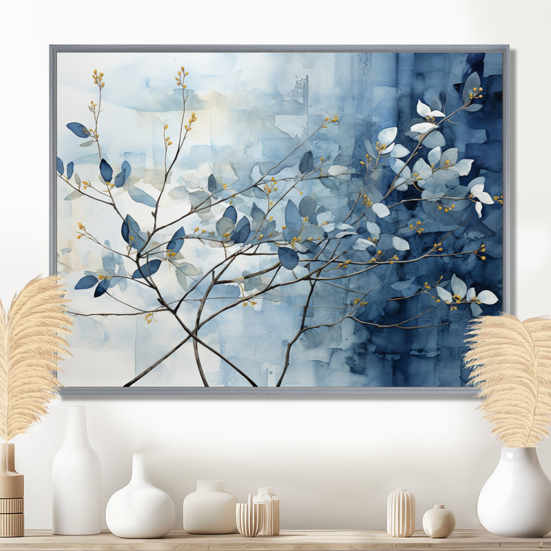 Art mural bleu et gris sur une branche I - Feuilles, H 24 po x l 32 po x P 1 po, Encadrement argenté