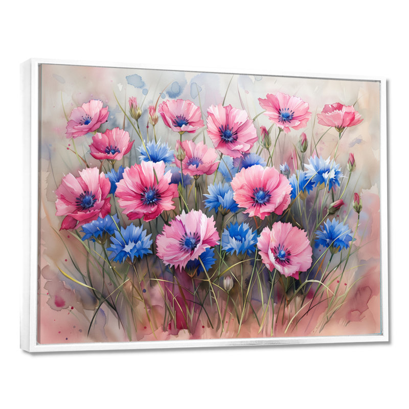«Blue Blue Delicate Cornflower Petals I» - impression d'art mural bleuets, Cadre flottant blanc, H 24 po x l 32 po