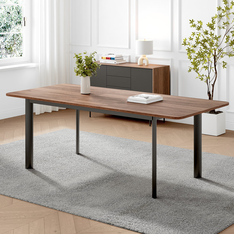 Extendable Metal Base Dining Table, Dark Brown Wood