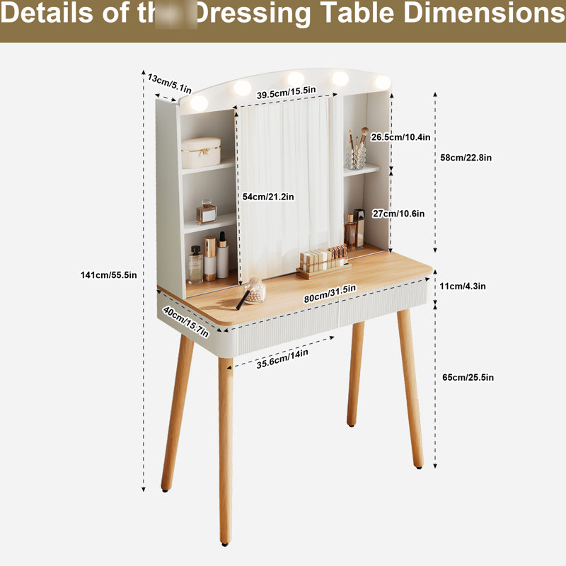 Bureau de coiffeuse blanc, 3 couleurs d'éclairage, miroir coulissant, rangement grande capacité, deux tiroirs cannelés, convient aux petites salles de maquillage, blanc, appartements pratiques