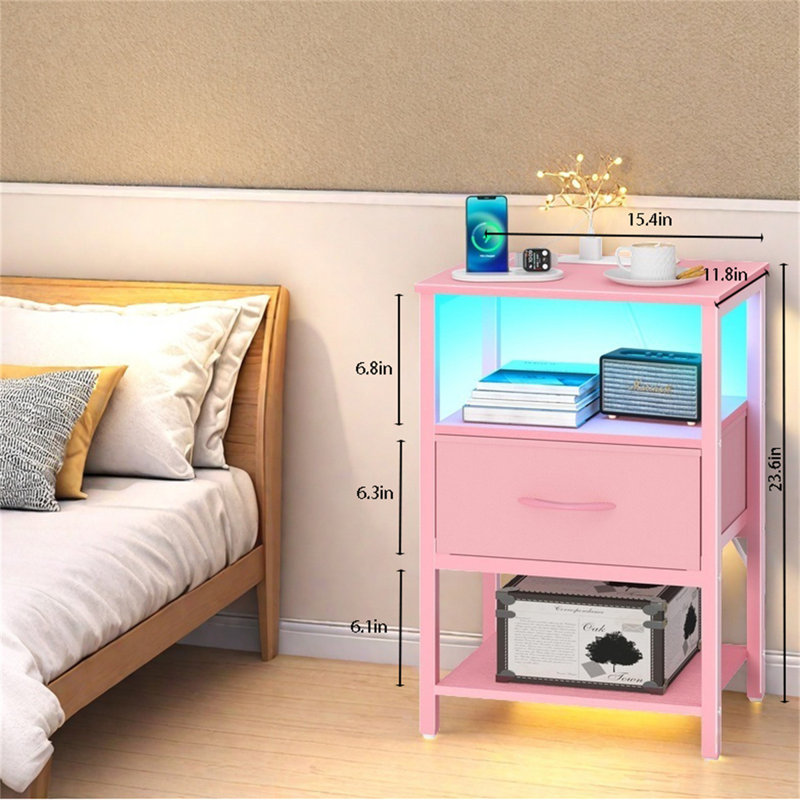 Table de chevet moderne à DEL avec station de charge et tiroir réglable en tissu, Rose