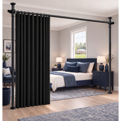 Black no-drill curtain-rod room-divider set for bedroom partitioning, sized 100 W x 84" L, Pack of 1.