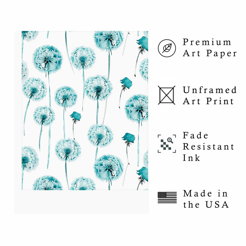 «Botanical Turquoise Teal Dandelions», reproduction d'art moderne sans cadre, H 20 po x l 16 po