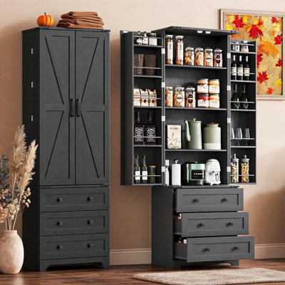 Farmhouse Kitchen Pantry Cabinet - 72" Tall Large Wood Kitchen Storage Cabinets with Adjustable Shelves & 2 Barn Doors & 3 Drawer, Versatile Storage f